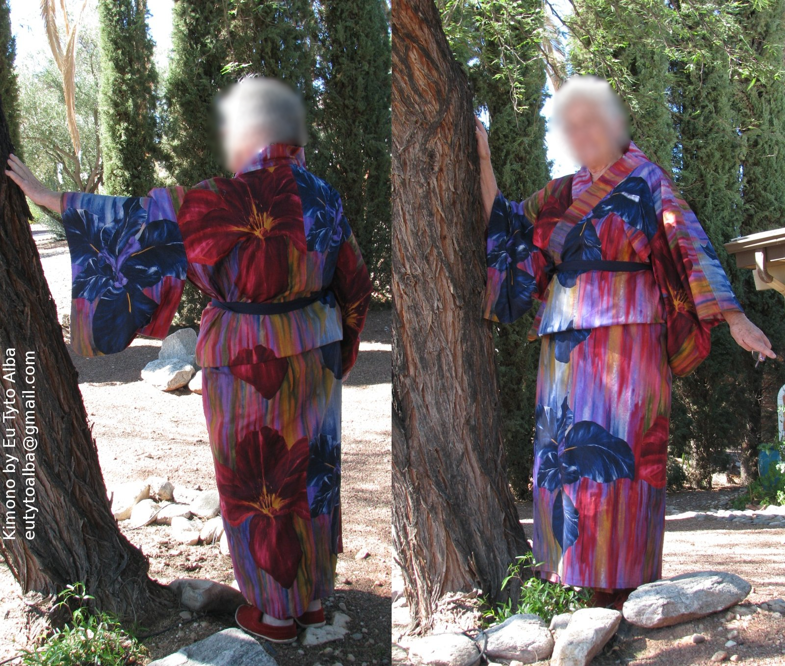 The orchid patterned yukata that I made for my grandmother. Since we live in Arizona and she loves the southwest, we used a patterned cotton fabric with southwestern colors.