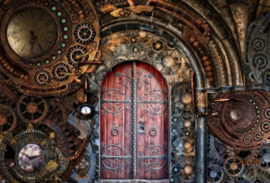 steampunk red door, a lot of filigree 